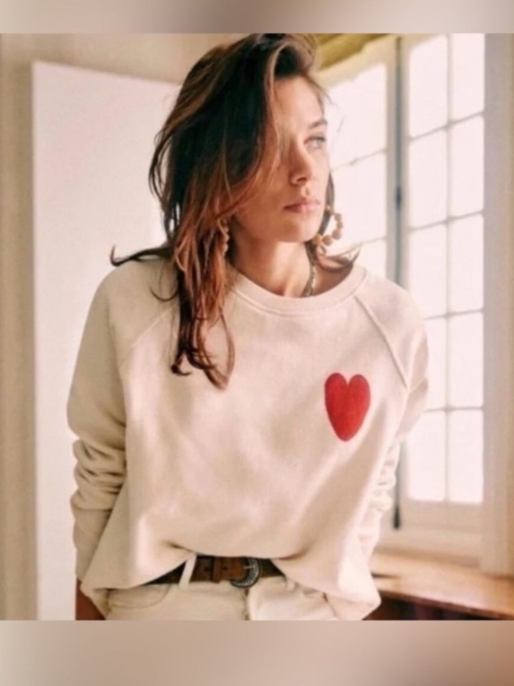 Sezane X Bobo Choses Cream Sweatshirt with Red Heart Sz XL/L FLAW ❤️